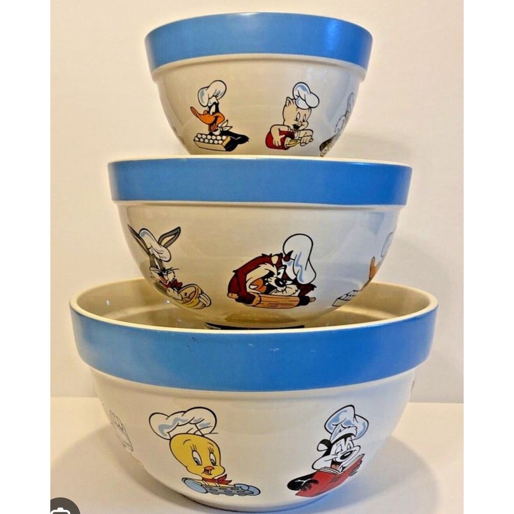 Warner Bros Looney Tunes Mixing Nesting Bowl Set Blue Ceramic Y2K Nostalgia
